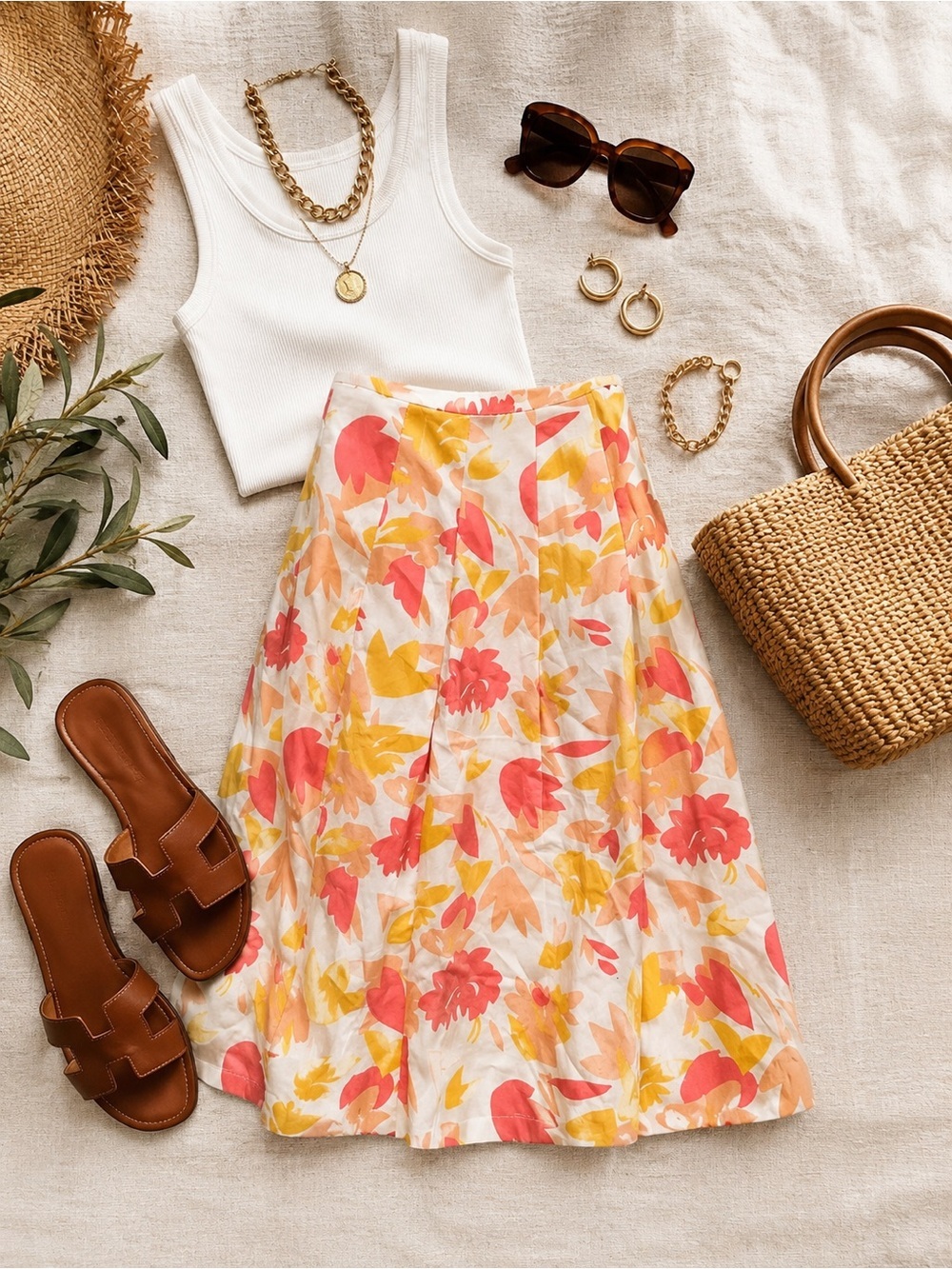 Floral A-Line Midi Skirt European Summer Coastal Chic Garden Party